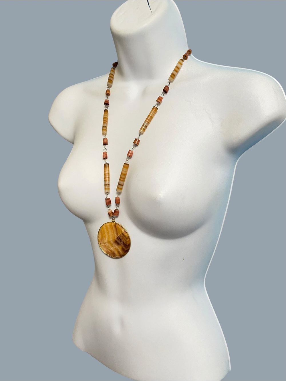 Agate Mayan Aztec Etched Pendant Stone Beads Artisan Made Necklace